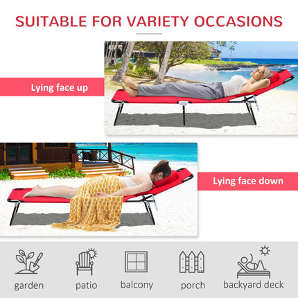 Foldable Outdoor Sun Lounger with Adjustable Backrest, Pillow & Reading Hole - Red