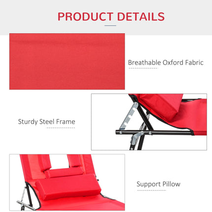 Foldable Outdoor Sun Lounger with Adjustable Backrest, Pillow & Reading Hole - Red