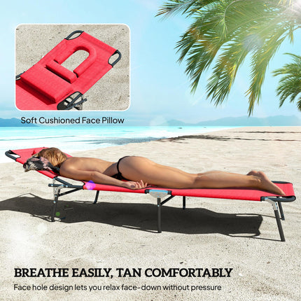 Foldable Outdoor Sun Lounger with Adjustable Backrest, Pillow & Reading Hole - Red