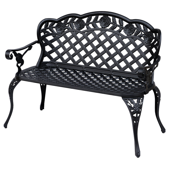 2 Seater Cast Aluminium Garden Bench With Floral Scroll Back - Black