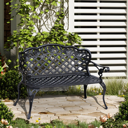 2 Seater Cast Aluminium Garden Bench With Floral Scroll Back - Black