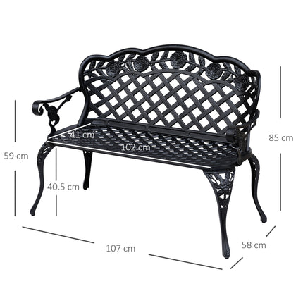 2 Seater Cast Aluminium Garden Bench With Floral Scroll Back - Black