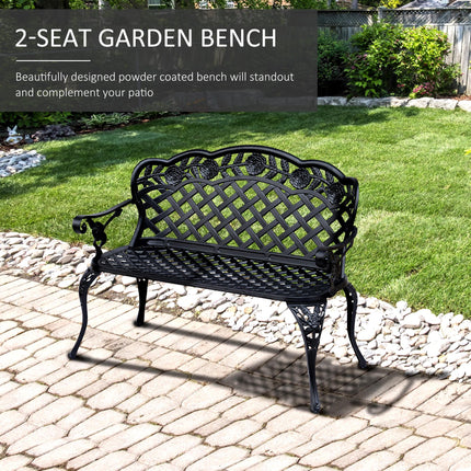 2 Seater Cast Aluminium Garden Bench With Floral Scroll Back - Black