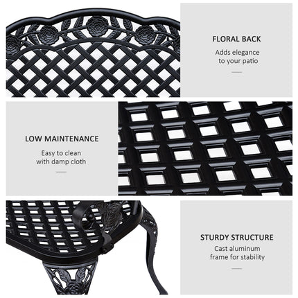 2 Seater Cast Aluminium Garden Bench With Floral Scroll Back - Black