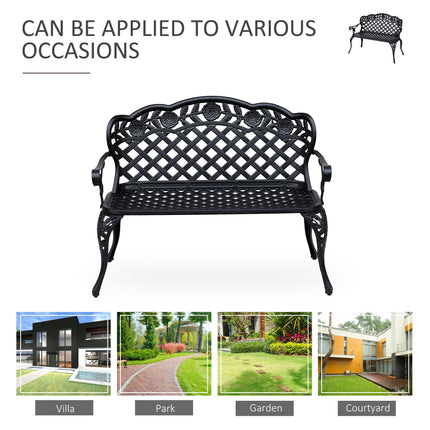 2 Seater Cast Aluminium Garden Bench With Floral Scroll Back - Black