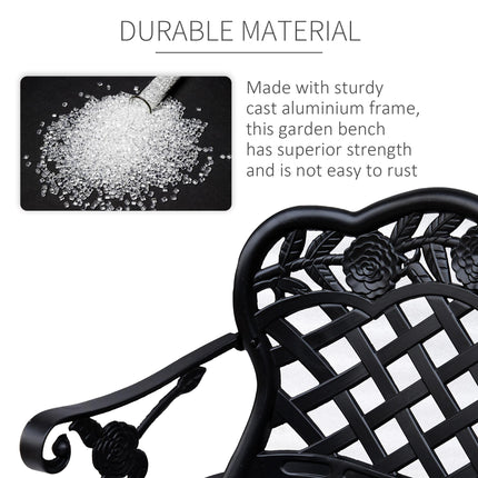 2 Seater Cast Aluminium Garden Bench With Floral Scroll Back - Black
