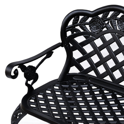 2 Seater Cast Aluminium Garden Bench With Floral Scroll Back - Black