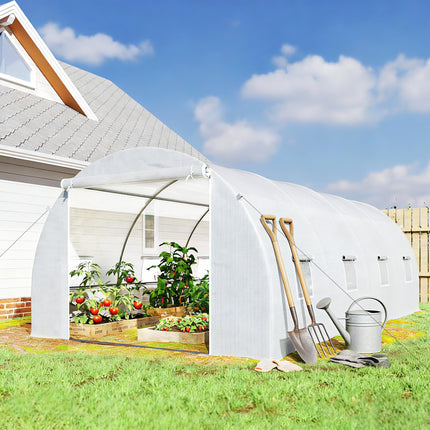 6 x 3 x 2 m Walk-In Polytunnel Greenhouse with Metal Frame, Zippered Door & 8 Windows - White
