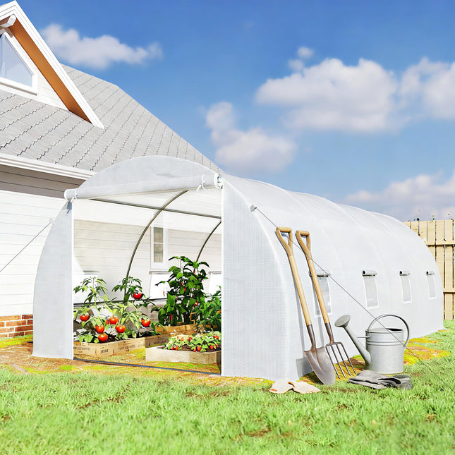 6 x 3 x 2 m Walk-In Polytunnel Greenhouse with Metal Frame, Zippered Door & 8 Windows - White