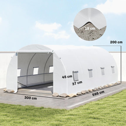 6 x 3 x 2 m Walk-In Polytunnel Greenhouse with Metal Frame, Zippered Door & 8 Windows - White