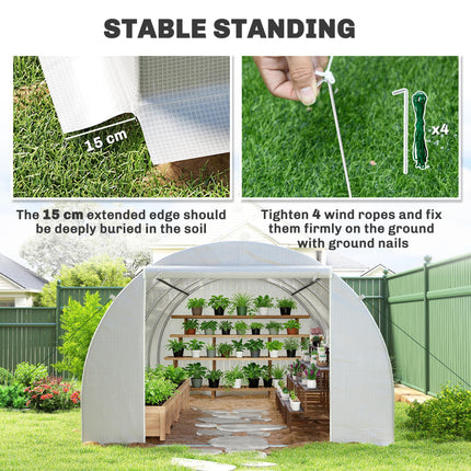 6 x 3 x 2 m Walk-In Polytunnel Greenhouse with Metal Frame, Zippered Door & 8 Windows - White