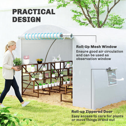 6 x 3 x 2 m Walk-In Polytunnel Greenhouse with Metal Frame, Zippered Door & 8 Windows - White