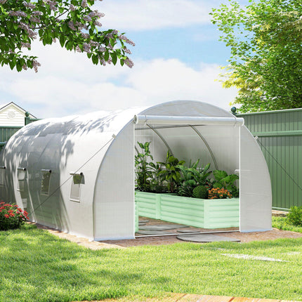 6 x 3 x 2 m Walk-In Polytunnel Greenhouse with Metal Frame, Zippered Door & 8 Windows - White