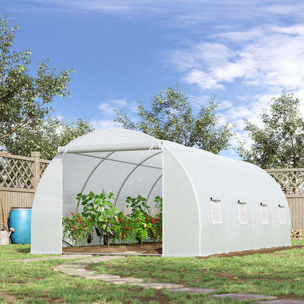 6 x 3 x 2 m Walk-In Polytunnel Greenhouse with Metal Frame, Zippered Door & 8 Windows - White