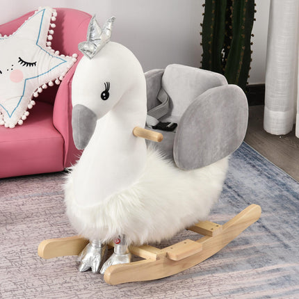 Kids Plush Ride-On Swan Rocking Animal with Realistic Sounds for Toddlers 18-36 Months - White & Grey