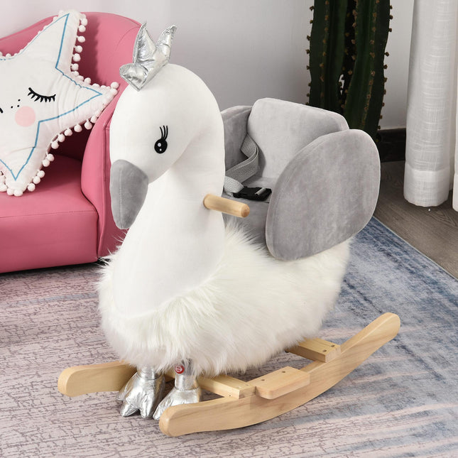 Kids Plush Ride-On Swan Rocking Animal with Realistic Sounds for Toddlers 18-36 Months - White & Grey