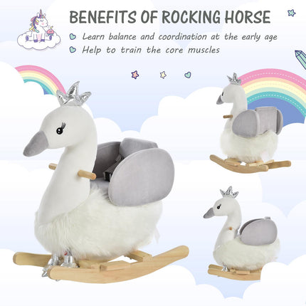 Kids Plush Ride-On Swan Rocking Animal with Realistic Sounds for Toddlers 18-36 Months - White & Grey