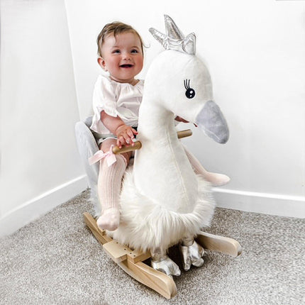 Kids Plush Ride-On Swan Rocking Animal with Realistic Sounds for Toddlers 18-36 Months - White & Grey