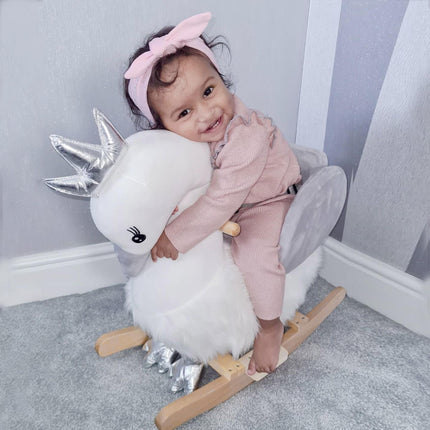 Kids Plush Ride-On Swan Rocking Animal with Realistic Sounds for Toddlers 18-36 Months - White & Grey