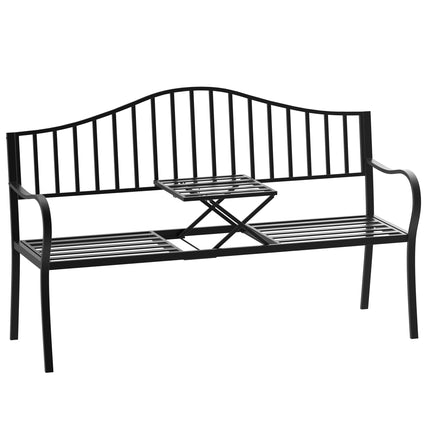 Outdoor Metal Frame Bench with Foldable Middle Table for Patio Garden Park Seating - Metal Frame