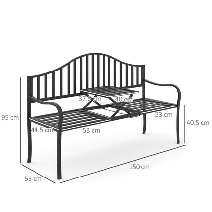 Outdoor Metal Frame Bench with Foldable Middle Table for Patio Garden Park Seating - Metal Frame