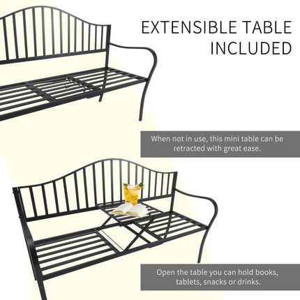 Outdoor Metal Frame Bench with Foldable Middle Table for Patio Garden Park Seating - Metal Frame