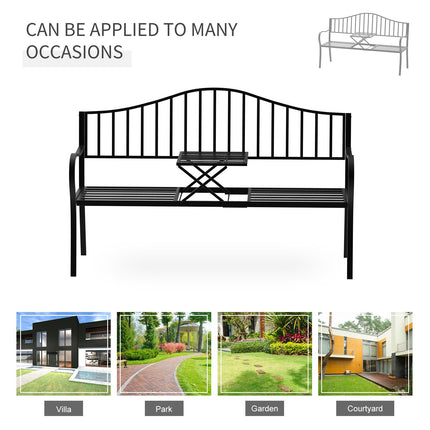 Outdoor Metal Frame Bench with Foldable Middle Table for Patio Garden Park Seating - Metal Frame