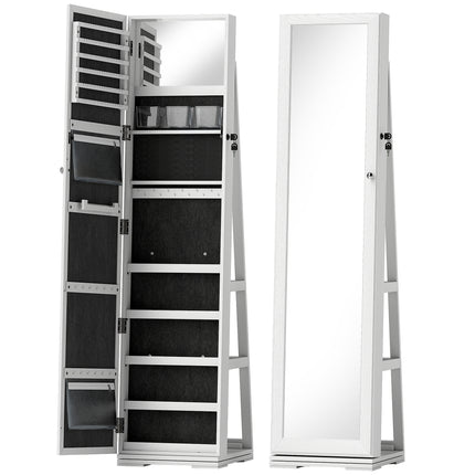 360° Swivel Lockable Jewellery Cabinet with Full Length & Built-In Mirror - White