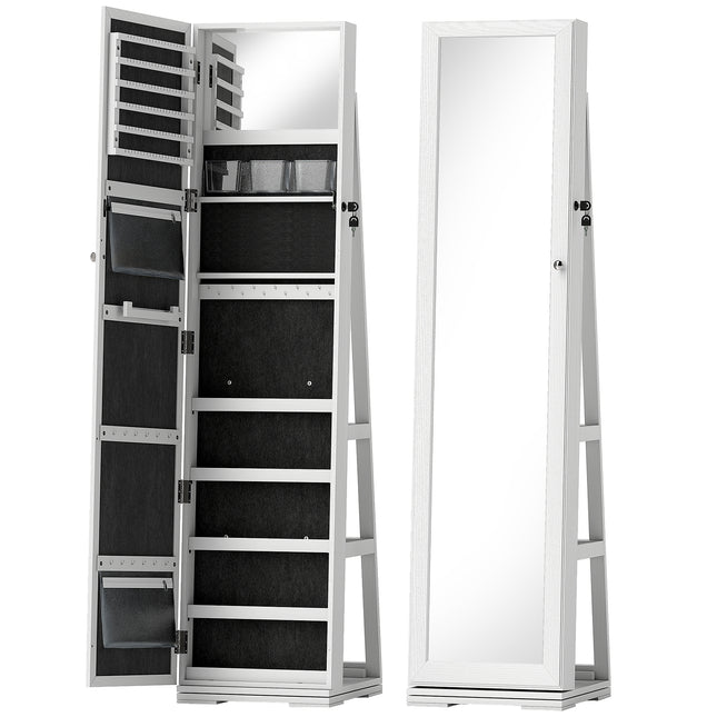 360° Swivel Lockable Jewellery Cabinet with Full Length & Built-In Mirror - White