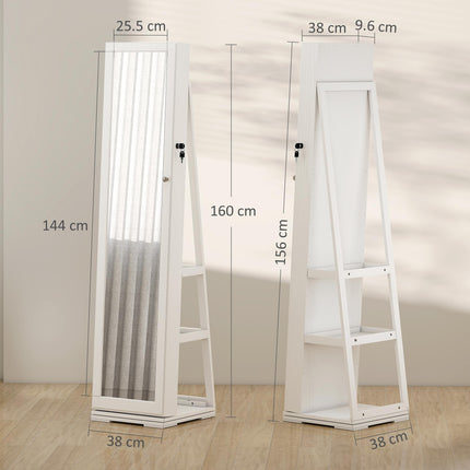 360° Swivel Lockable Jewellery Cabinet with Full Length & Built-In Mirror - White