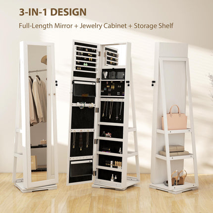 360° Swivel Lockable Jewellery Cabinet with Full Length & Built-In Mirror - White
