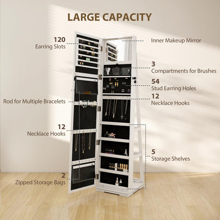 360° Swivel Lockable Jewellery Cabinet with Full Length & Built-In Mirror - White