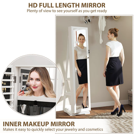 360° Swivel Lockable Jewellery Cabinet with Full Length & Built-In Mirror - White