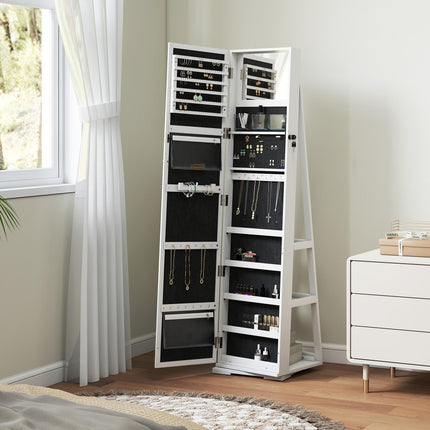360° Swivel Lockable Jewellery Cabinet with Full Length & Built-In Mirror - White