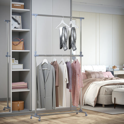 Adjustable Heavy Duty Clothes Hanger Garment Rail with Wheels - Silver & Grey