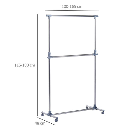 Adjustable Heavy Duty Clothes Hanger Garment Rail with Wheels - Silver & Grey