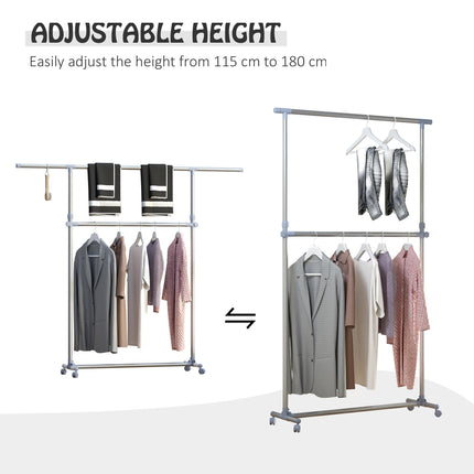 Adjustable Heavy Duty Clothes Hanger Garment Rail with Wheels - Silver & Grey