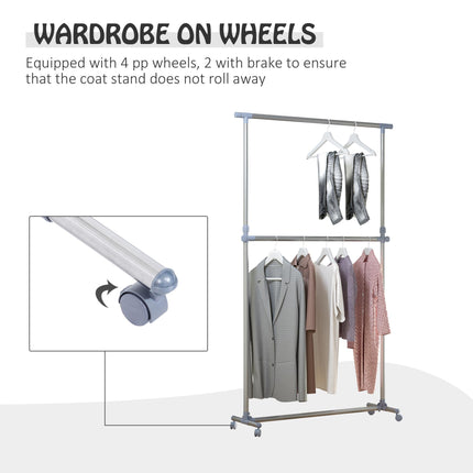 Adjustable Heavy Duty Clothes Hanger Garment Rail with Wheels - Silver & Grey