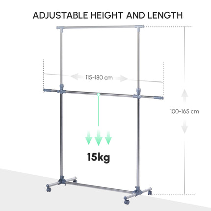 Adjustable Heavy Duty Clothes Hanger Garment Rail with Wheels - Silver & Grey