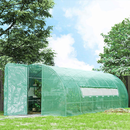 3 x 6 Metre Reinforced Polytunnel Greenhouse with Galvanised Steel Frame and Mesh Windows - Green
