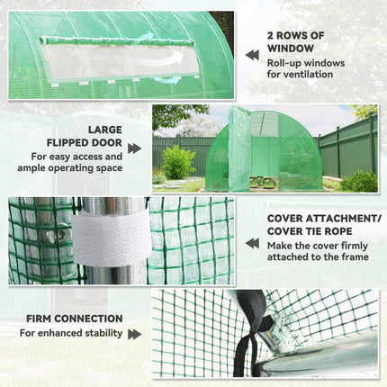 3 x 6 Metre Reinforced Polytunnel Greenhouse with Galvanised Steel Frame and Mesh Windows - Green