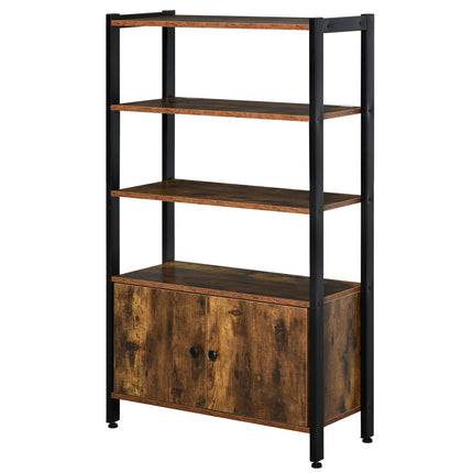 Industrial 3-Tier Bookshelf Storage Cabinet with Doors for Home Office Living Room - Rustic Brown