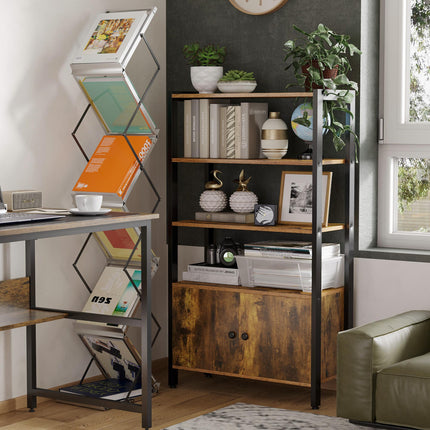 Industrial 3-Tier Bookshelf Storage Cabinet with Doors for Home Office Living Room - Rustic Brown