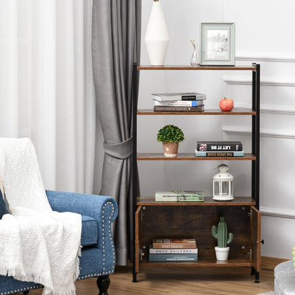 Industrial 3-Tier Bookshelf Storage Cabinet with Doors for Home Office Living Room - Rustic Brown