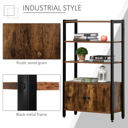 Industrial 3-Tier Bookshelf Storage Cabinet with Doors for Home Office Living Room - Rustic Brown