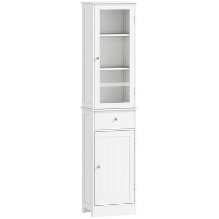 Bathroom Storage Cabinet with 3-Tier Shelf, Drawer & Door, Tall Slim Free Standing Floor Organizer - White