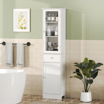Bathroom Storage Cabinet with 3-Tier Shelf, Drawer & Door, Tall Slim Free Standing Floor Organizer - White
