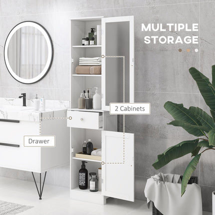 Bathroom Storage Cabinet with 3-Tier Shelf, Drawer & Door, Tall Slim Free Standing Floor Organizer - White