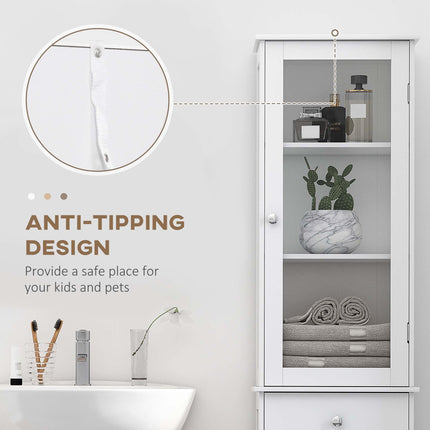 Bathroom Storage Cabinet with 3-Tier Shelf, Drawer & Door, Tall Slim Free Standing Floor Organizer - White