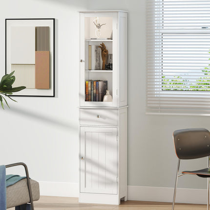 Bathroom Storage Cabinet with 3-Tier Shelf, Drawer & Door, Tall Slim Free Standing Floor Organizer - White